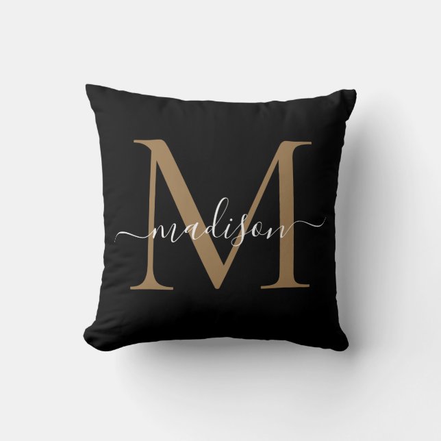 Elegant Monogram Black Gold Stylish Girly Script Cushion (Front)