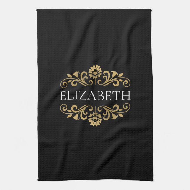 Elegant Monogram Black Gold Tea Towel (Vertical)
