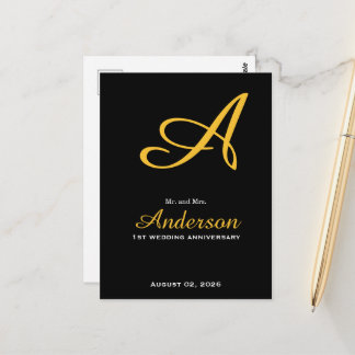 Elegant Monogram Black Gold Wedding Anniversary Postcard