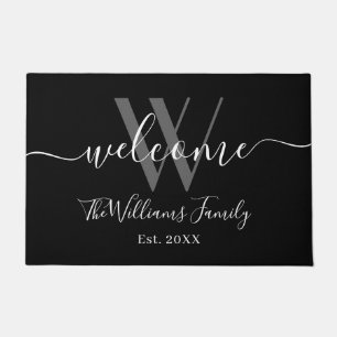 Elegant Monogram Black Gray Name Script Wedding Doormat