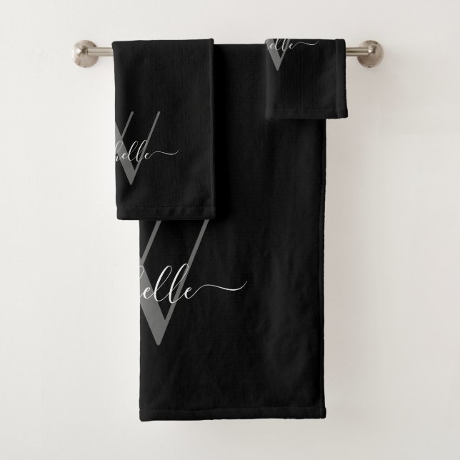 Elegant Monogram Black Grey Name Script Bath Towel Set (Insitu)