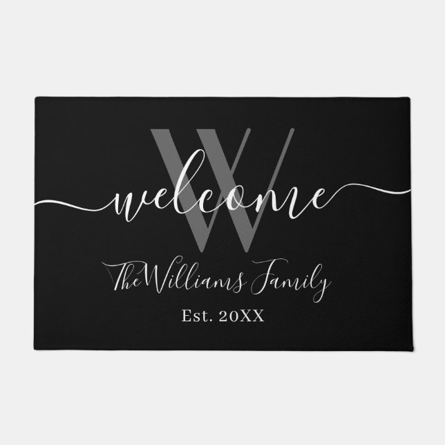 Elegant Monogram Black Grey Name Script Wedding Doormat (Front)