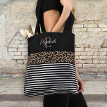 Elegant Monogram black Leopard Animal Print Tote Bag<br><div class="desc">An elegant black leopard animal print and black and white striped monogram tote bag for everyday or back to school. Add your name and initial  on the front and back. Designed for you by Blackberry Boulevard.</div>