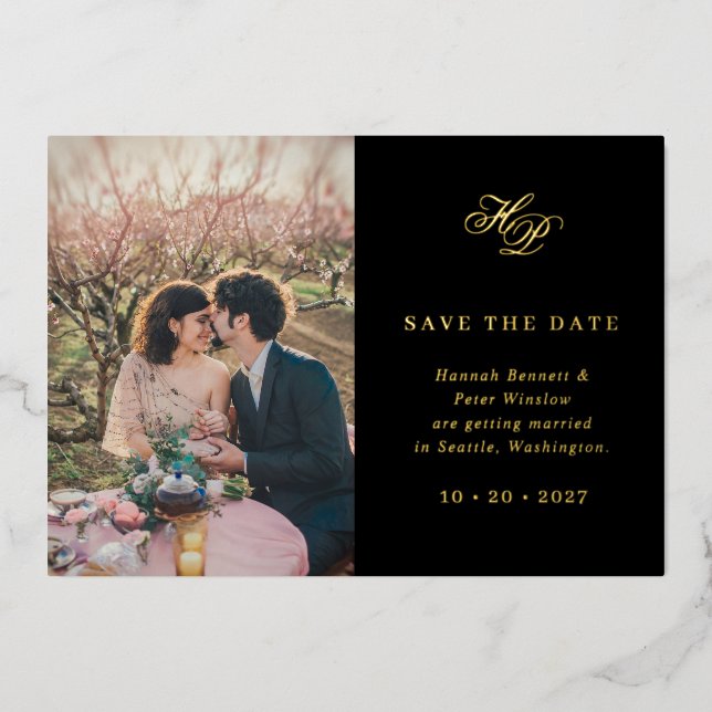 Elegant Monogram Black Photo Save The Date (Front)