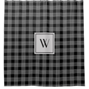 Elegant Monogram Black Plaid Pattern Shower Curtain