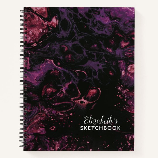 Elegant Monogram Black Purple Marble Sketchbook Notebook (Front)