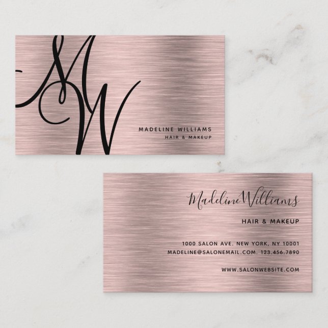 Elegant Monogram Black Rose Gold Modern Script Business Card (Front/Back)