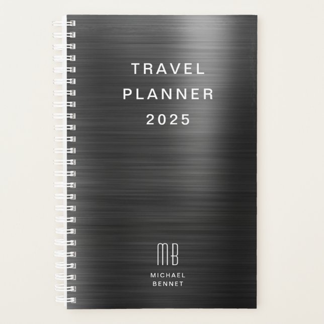 Elegant Monogram Black Travel Planner (Front)