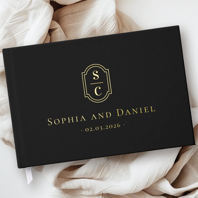 Elegant monogram black wedding names date foil guest book (Elegant monogram black wedding names date foil guest book)