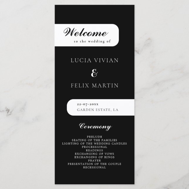Elegant Monogram Black Wedding Program Menu (Front)