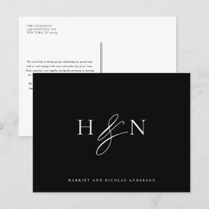 Elegant Monogram Black Wedding Thank You Postcard