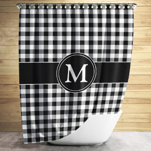 Elegant Monogram Black & White Checked Pattern Shower Curtain
