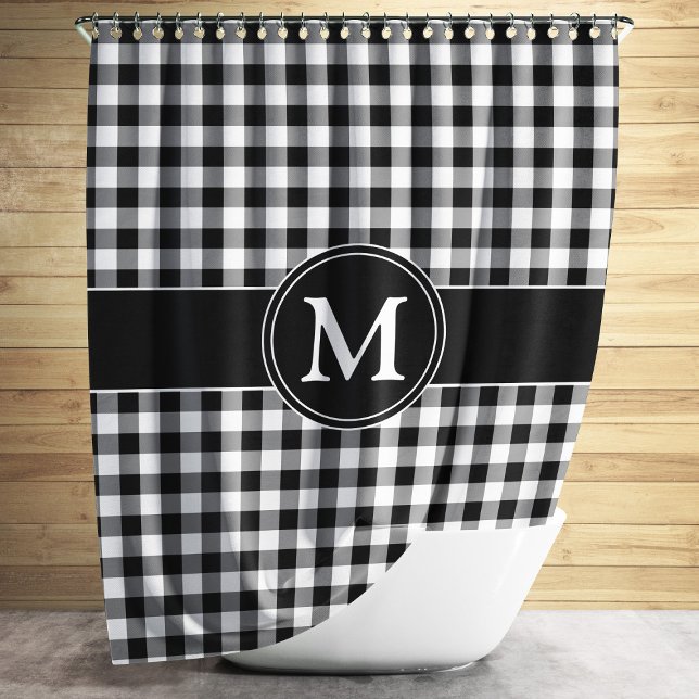 Elegant Monogram Black & White Checked Pattern  Shower Curtain (Modern Black And White Plaid Monogram Shower Curtain)