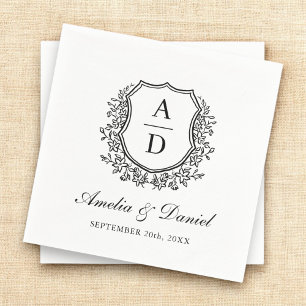 Elegant Monogram Black White Crest Wedding  Napkin
