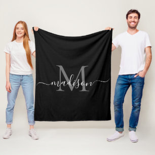 Elegant Monogram Black White Modern Script Name Fleece Blanket