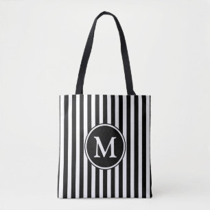 Elegant Monogram Black White Striped Tote Bag