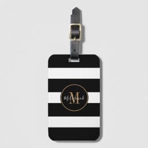 Elegant Monogram Black White Stripes Gold Name Luggage Tag