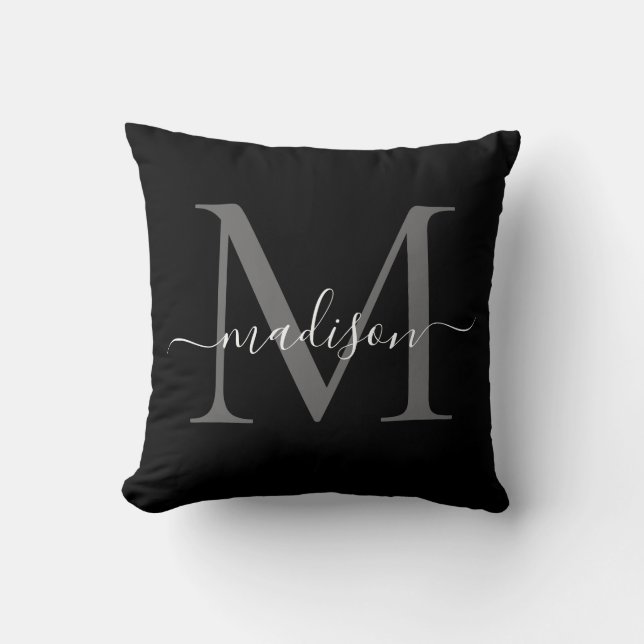 Elegant Monogram Black White Stylish Girly Script Cushion (Front)
