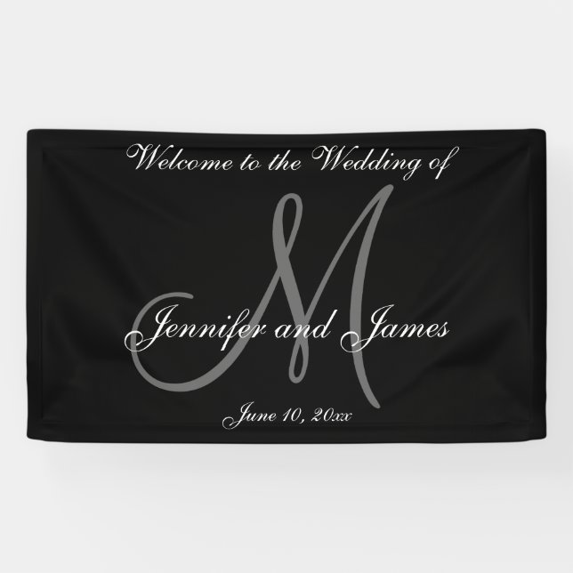 Elegant Monogram Black White Wedding Banner (Horizontal)