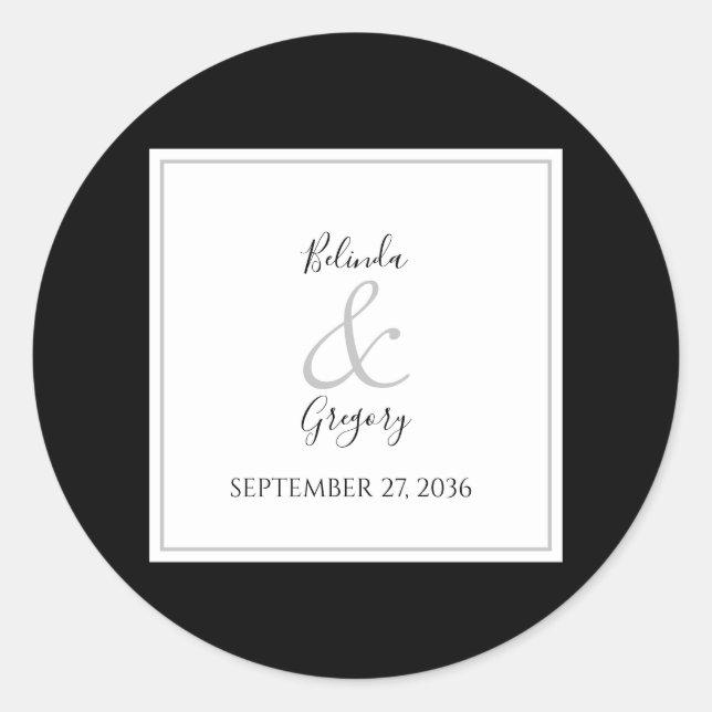 Elegant Monogram Black & White Wedding Classic Round Sticker (Front)