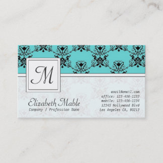 Elegant Monogram Blue and Black Damask Print Business Card