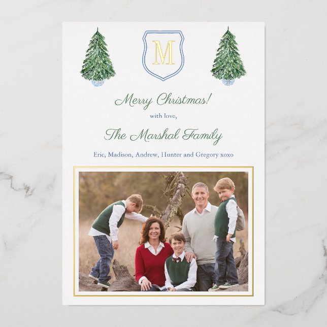Elegant Monogram Blue And Green Merry Christmas Foil Holiday Card (Front)