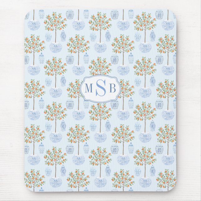 Elegant Monogram Blue And White China Orange Tree Mouse Mat (Front)