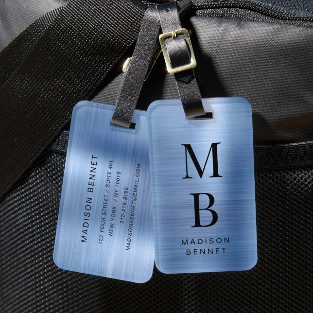 Elegant Monogram Blue Brushed Metallic Luggage Tag (Elegant Monogram Blue Brushed Metallic Luggage Tag)