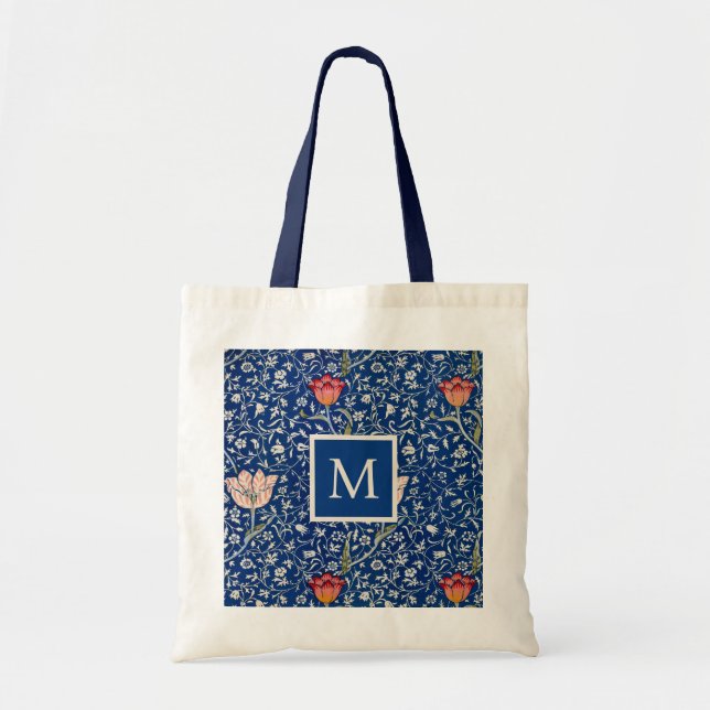 Elegant Monogram Blue Floral Morris Pattern Tote Bag (Front)