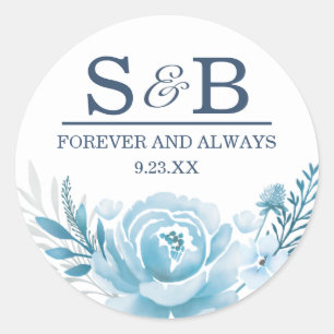 Elegant Monogram Blue Floral Wedding Classic Round Sticker