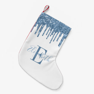 Elegant Monogram Blue Glitter Drips Small Christmas Stocking