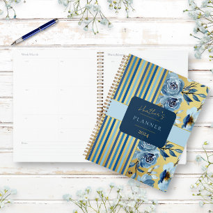 Elegant Monogram Blue Gold Watercolor Floral Year Planner
