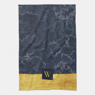 Elegant Monogram Blue Marble Tea Towel