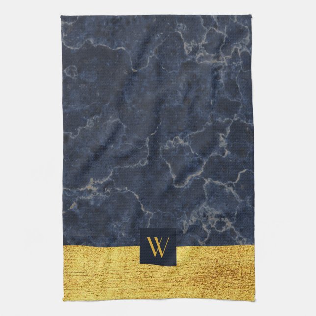 Elegant Monogram Blue Marble Tea Towel (Vertical)