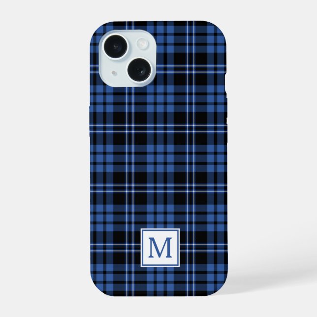 Elegant Monogram Blue Plaid iPhone 15 Case (Back)
