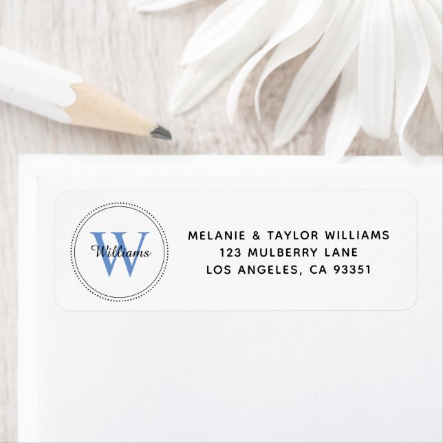 Elegant Monogram Blue Return Address Label (Insitu)