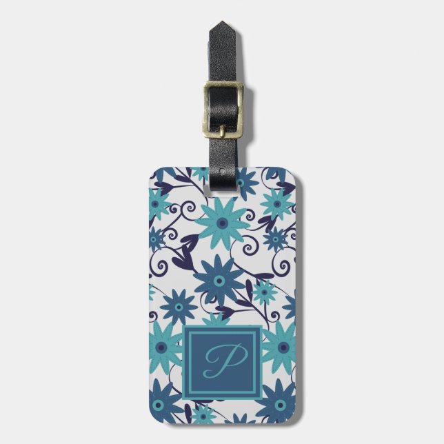 Elegant monogram blue  turquoise flower pattern luggage tag (Front Vertical)