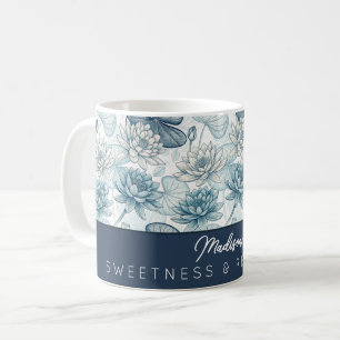 Elegant Monogram Blue Water Lily and Lotus Coffee Mug