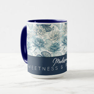 Elegant Monogram Blue Water Lily and Lotus Mug
