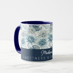 Elegant Monogram Blue Water Lily and Lotus Mug