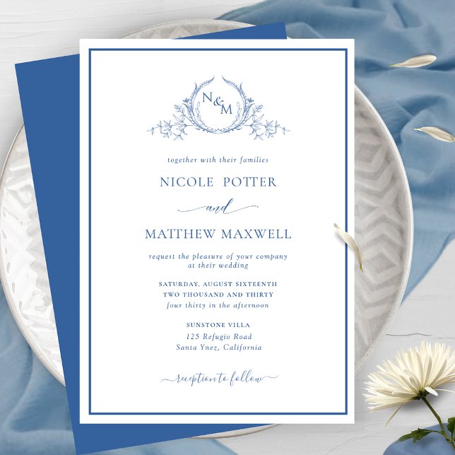 Elegant Monogram Blue Wedding Invitation (Creator Uploaded)