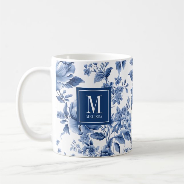 Elegant Monogram Blue White Floral Rose Coffee Mug (Left)