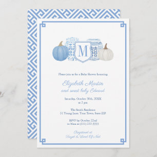 Elegant Monogram Blue & White Pumpkins Baby Shower Invitation