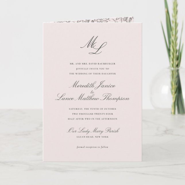 Elegant Monogram Blush Floral All In One Wedding Invitation (Front)