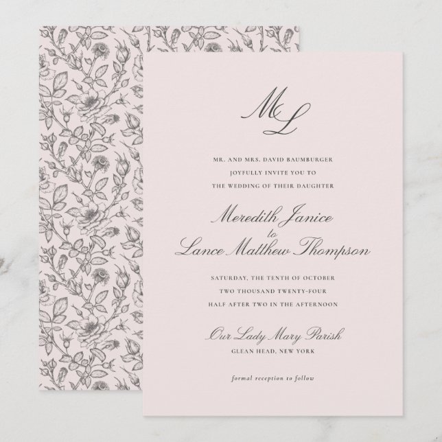 Elegant Monogram Blush Floral Script Wedding Invitation (Front/Back)