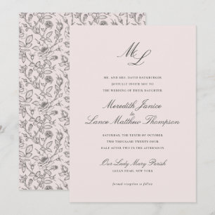 Elegant Monogram Blush Floral Script Wedding Invitation