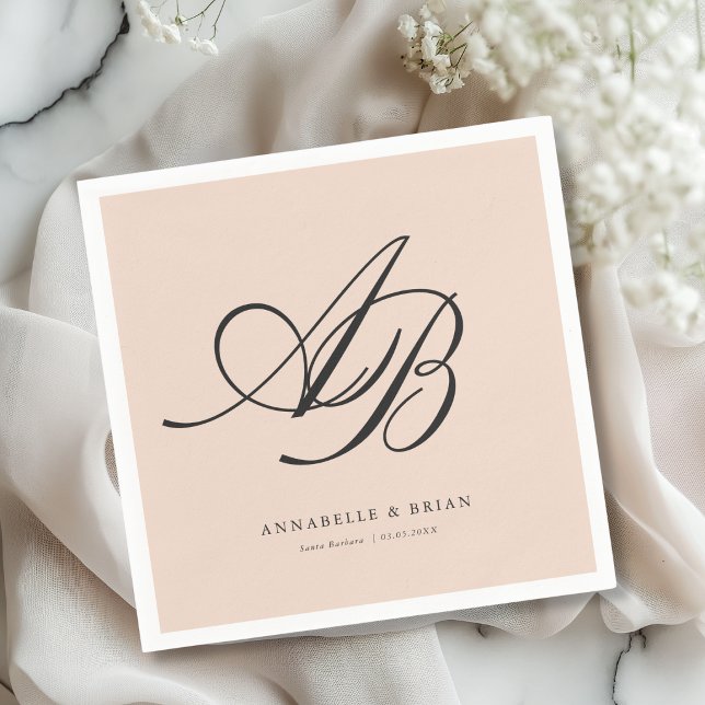 Elegant Monogram  Blush-Peach Wedding  Napkin (Elegant Monogram Blush-Peach Wedding Napkins)