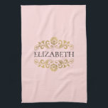 Elegant Monogram Blush Pink Gold Kitchen Towel<br><div class="desc">An elegant and chic blush pink and gold flourish monogram kitchen towel. Add your name between the gold floral flourish on the front. Designed for you by Blackberry Boulevard.</div>