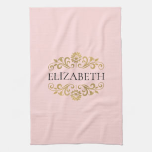 Elegant Monogram Blush Pink Gold Kitchen Towel