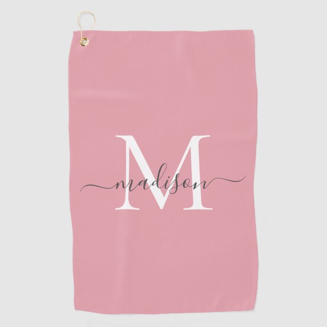Elegant Monogram Blush Pink Grey Girly Script Name Golf Towel (Front)